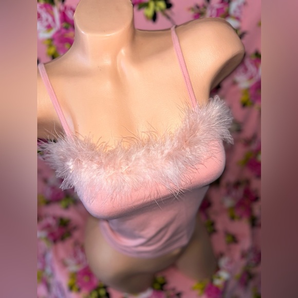 Pink feather boa marabou trim tank top cami shirt club festival rave dancer cute - Picture 4 of 8